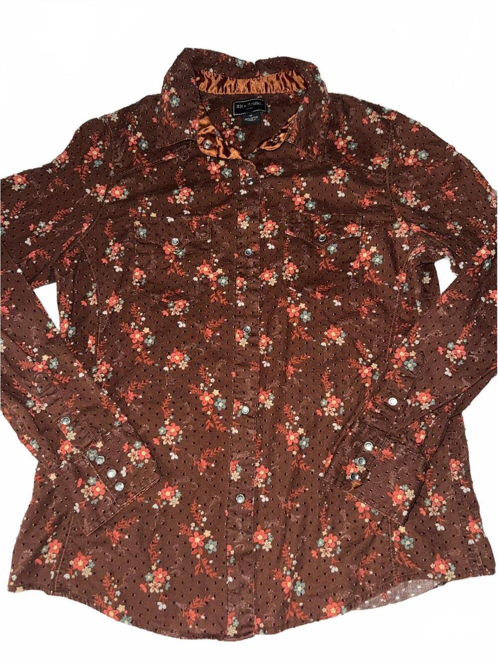Bit & Bridle Women's Medium Brown Floral Button-Up Shirt 100% Cotton